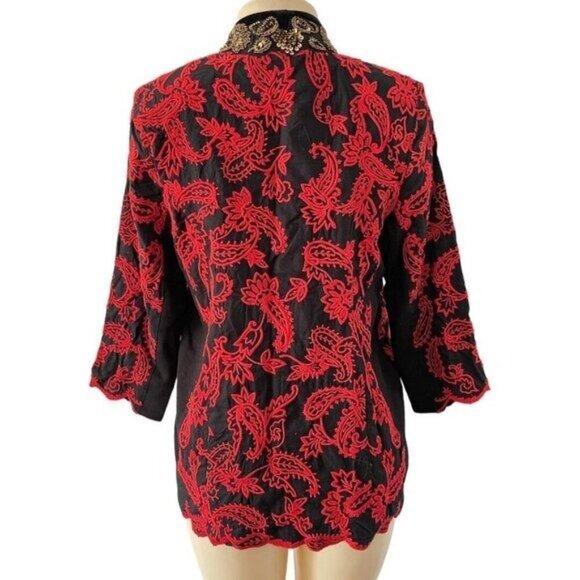 Chicos Collectibles Petite 0P Gold Beaded Black Red Paisley‎ Embroidered Jacket - Picture 5 of 16